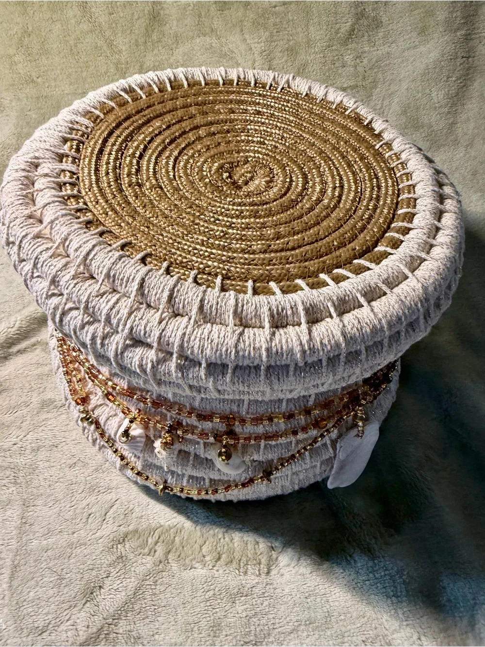 Handmade Art Coiled Basket  with Lid and embellishments of beading and shells
